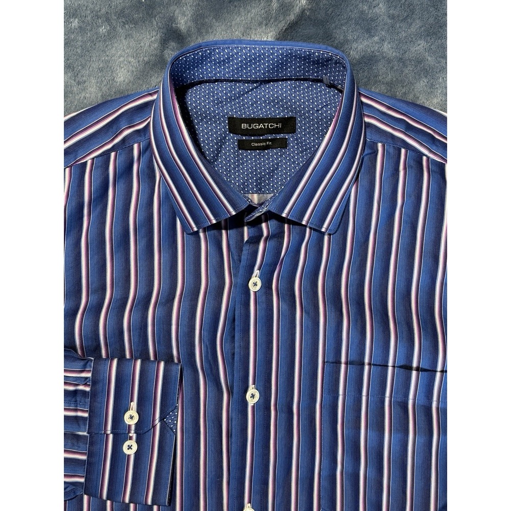 Bugatchi‎ Uomo Shirt Mens Large Blue White Pink Striped Classic Fit Long Sleeve